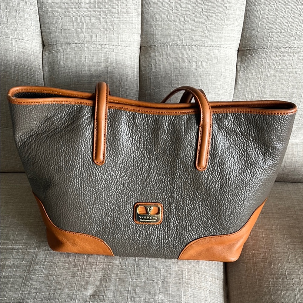 Valentina Gray and Tan Shoulder Bag with Leather Handles and Spacious Design